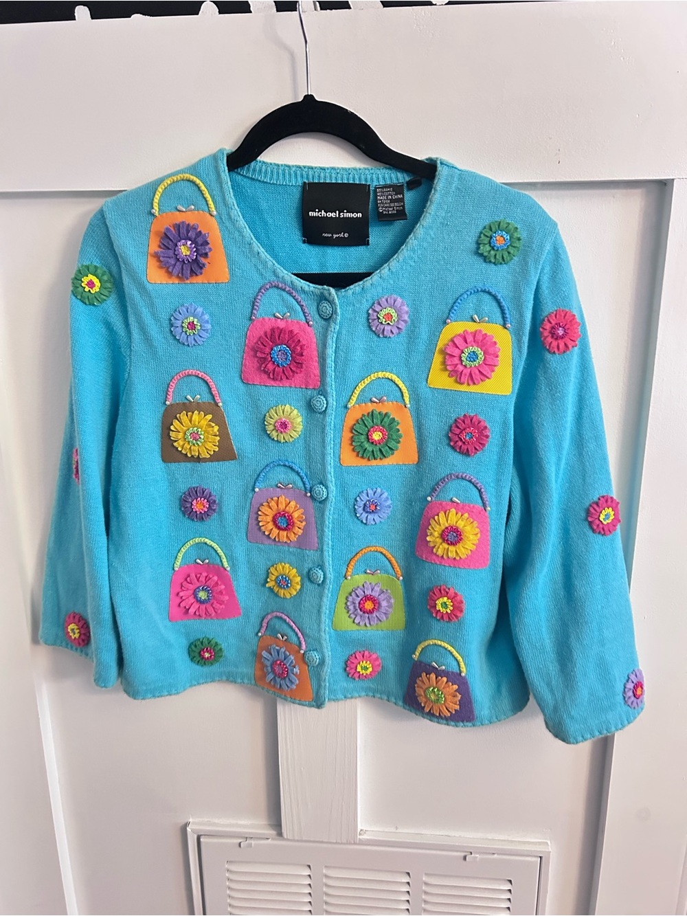 Vintage Michael Simon Handbag Cardigan Sweater Floral Purse Appliqué Aqua Size L
